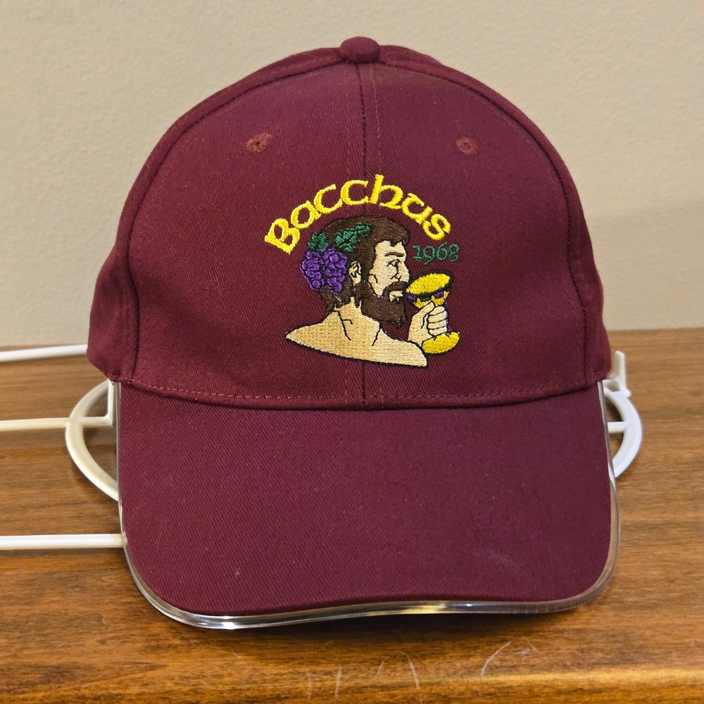Bacchus 1968 God of Wine Embroidered Burgundy Baseball Cap Adjustable Lit Hat
